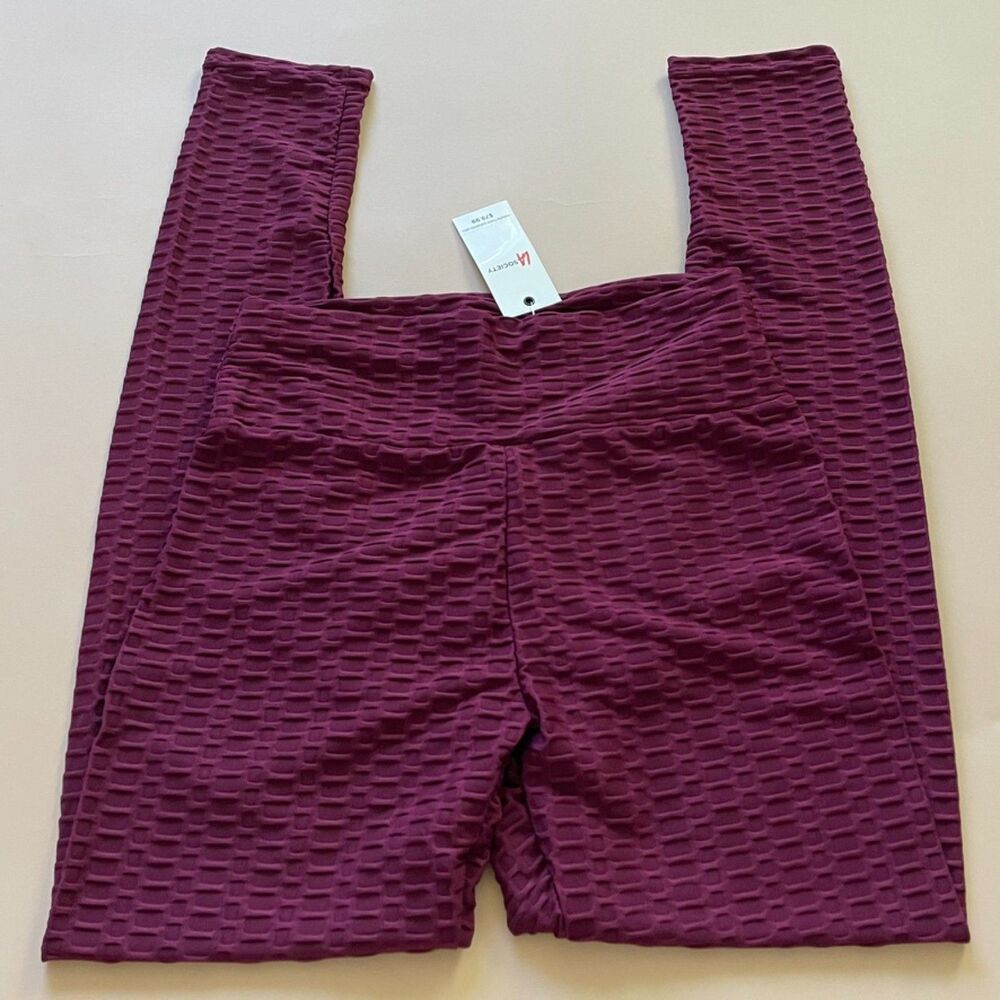 LA Society Burgundy Waffle Scrunch Butt High Rise Leggings Size L NWT